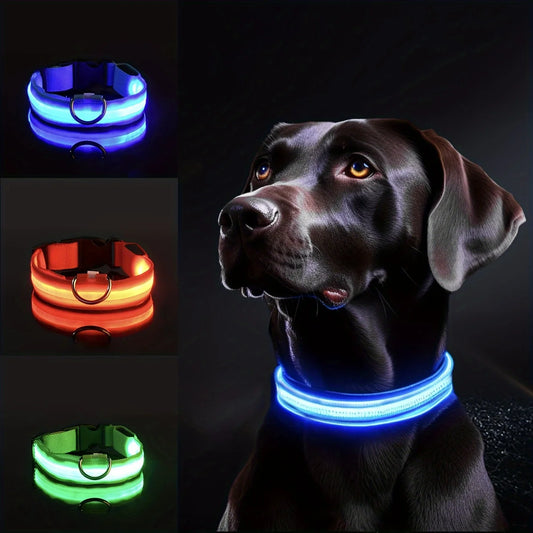 Right side shows a black lab with a blue LED light collar. Left side different colors of the collar such as red and green.