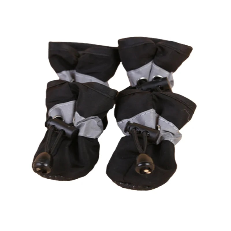 Black waterproof dog shoes with tightening mechanism.