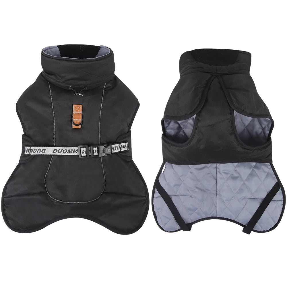 Black windproof dog jacket for pit bulls and cane corsos.