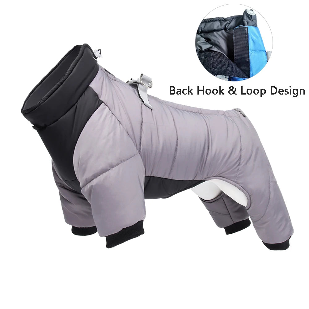 Black and gray waterproof dog jacket with sleeves featuring a back hook and loop design.