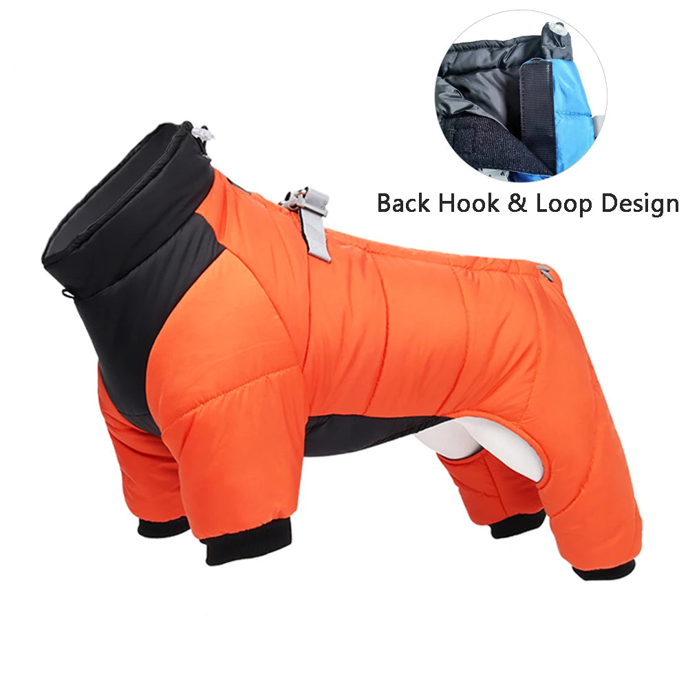 Black and orange waterproof dog jacket with sleeves featuring a back hook and loop design.