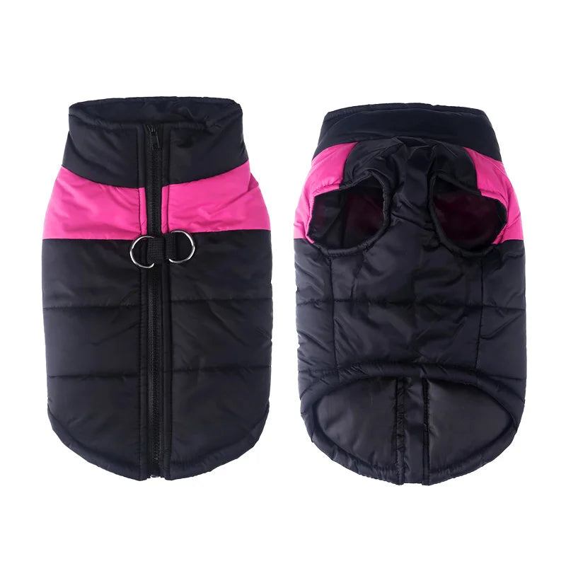 Black and pink waterproof dog vest with zipper and leash hooks.