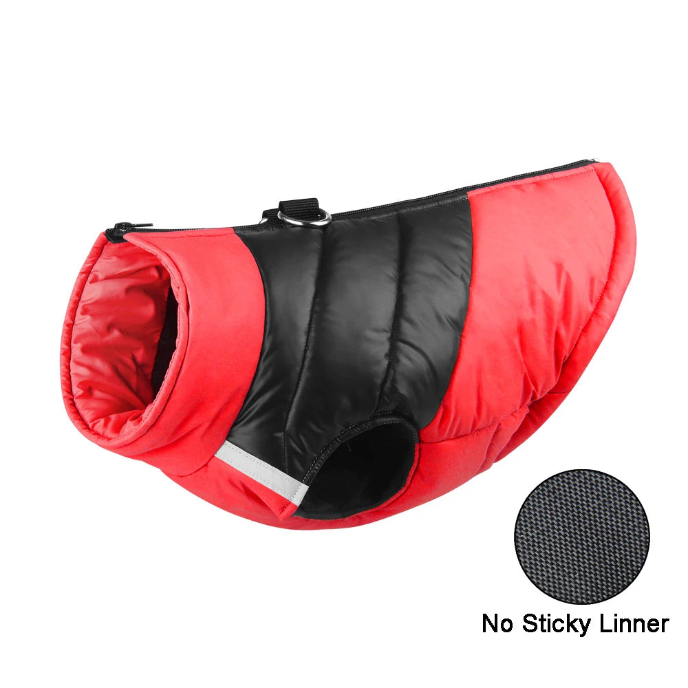 Black and red padded waterproof dog vest with leash hooks.