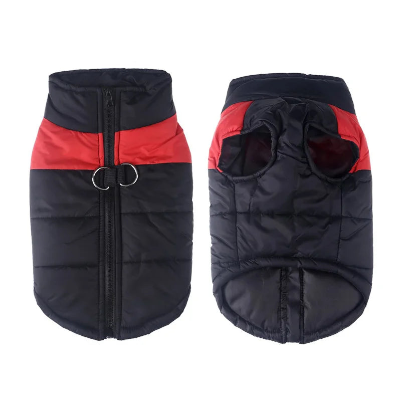 Black and red waterproof dog vest with zipper and leash hooks.