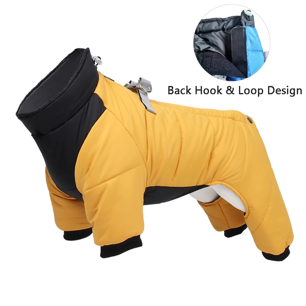 Black and yellow waterproof dog jacket with sleeves featuring a back hook and loop design.