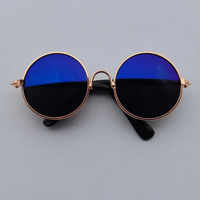 Blue reflective dog sunglasses with bronze frame.