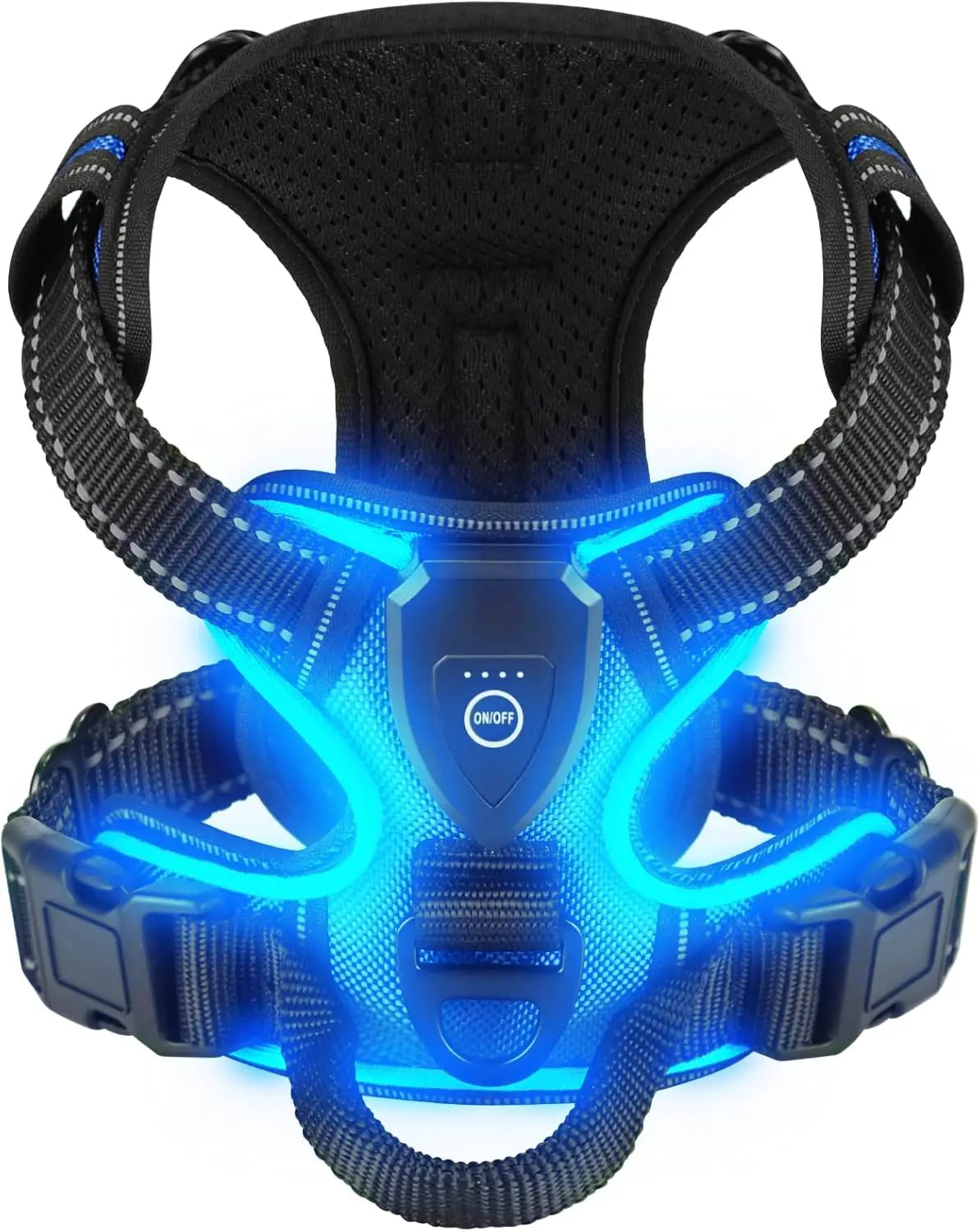 Blue LED light dog harness.