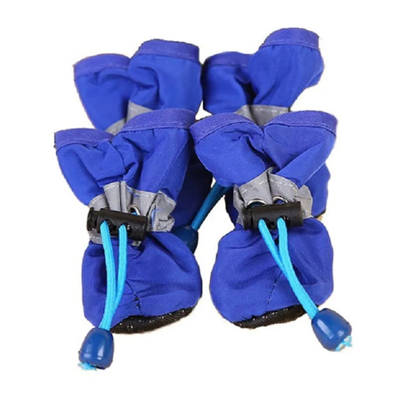 Blue waterproof dog shoes with tightening mechanism.