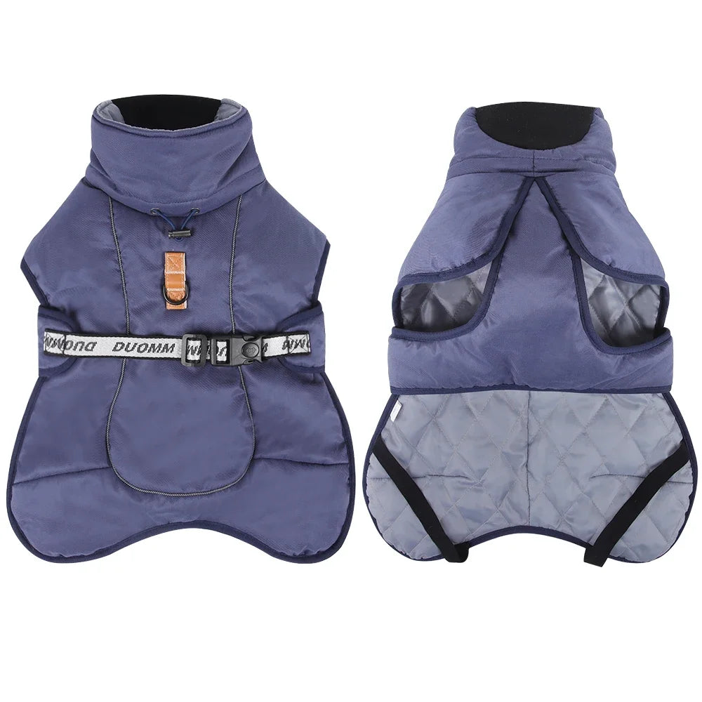 Blue windproof dog jacket for pit bulls and cane corsos.