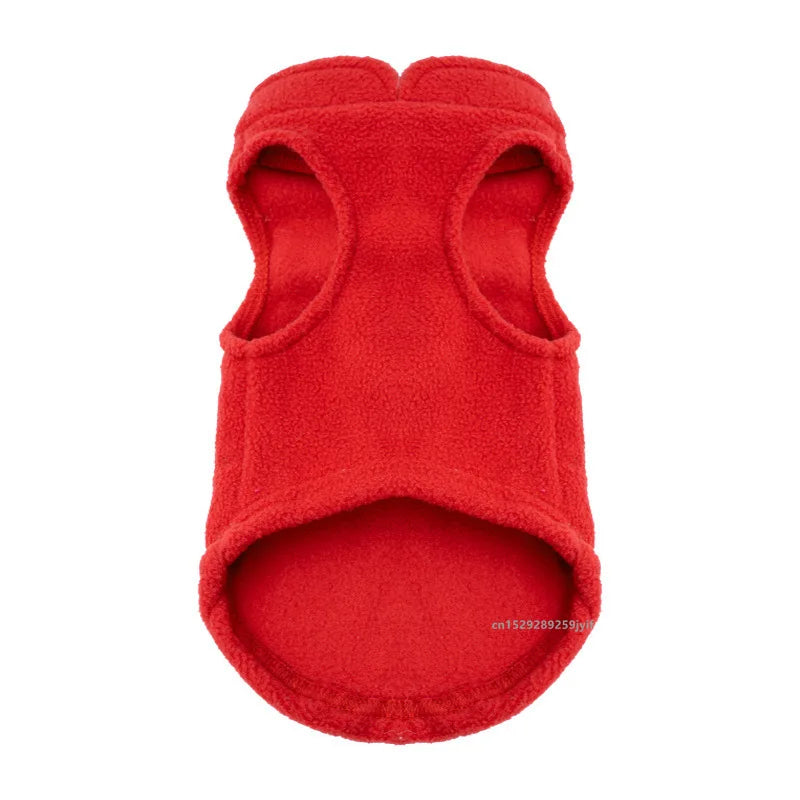 Bottom-up view of the warm red dog fleece vest.