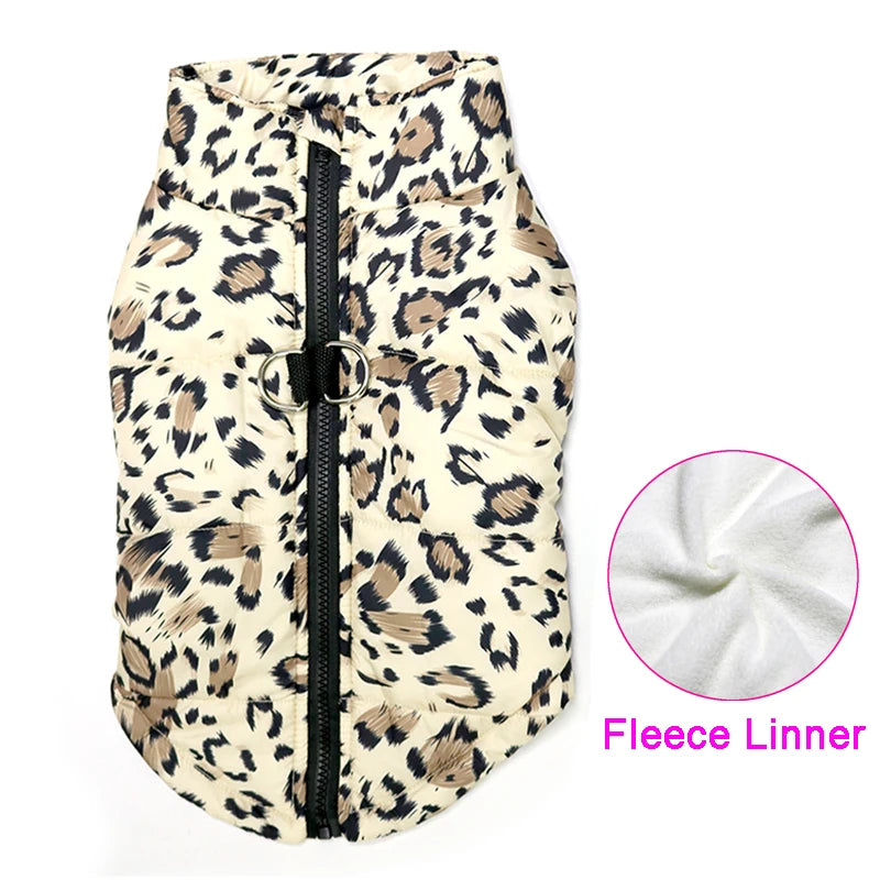 Cheetah padded waterproof dog vest with leash hooks.