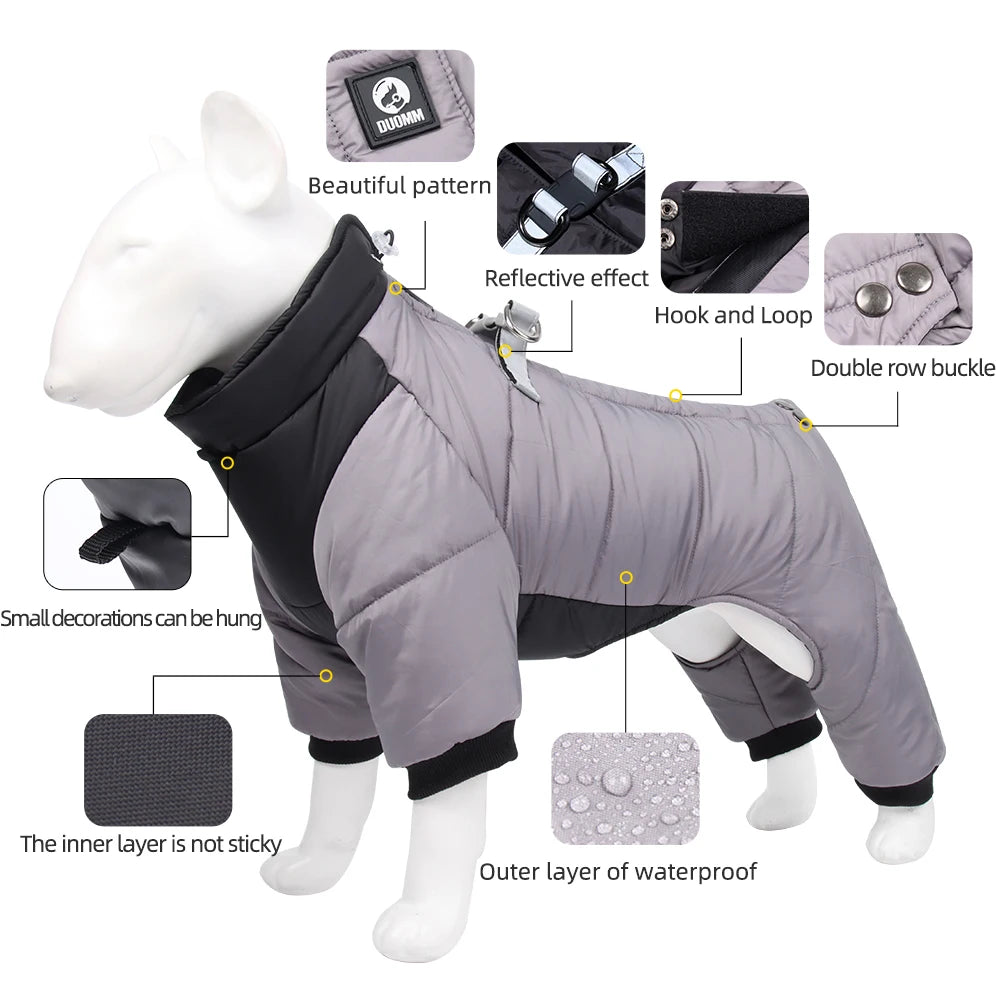 In-depth details of a black and gray waterproof dog jacket with sleeves. Details include pattern design, buckles, and harness.