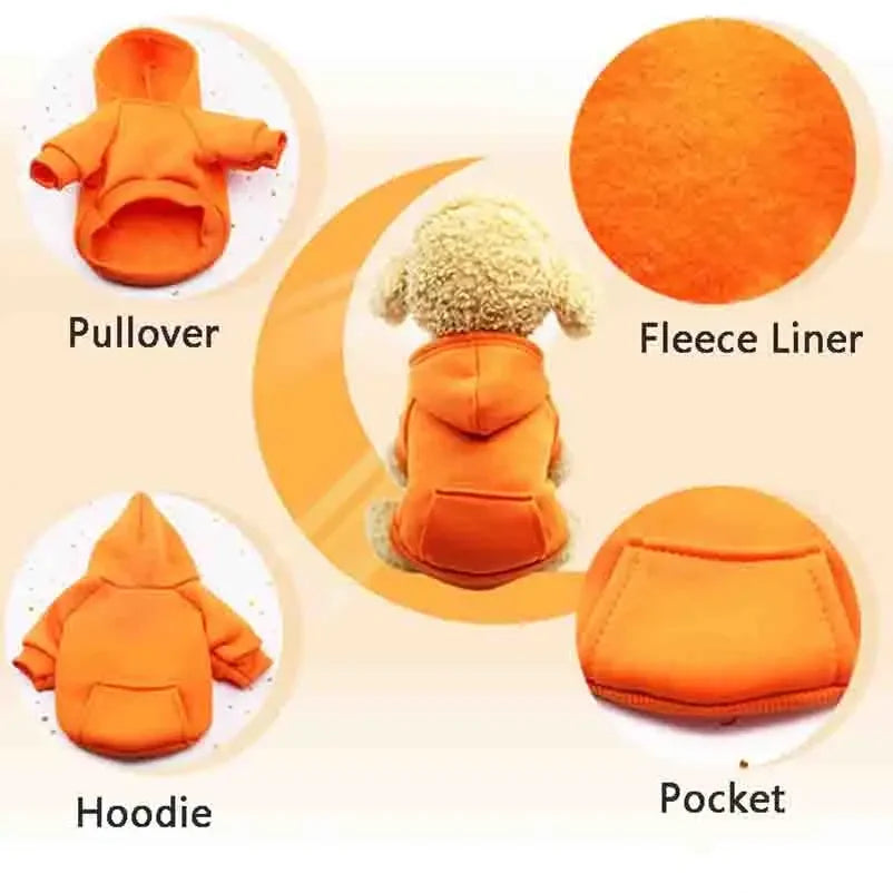 Various details on the cotton dog hoodie such as fleece liner, pullover technology, and pocket.