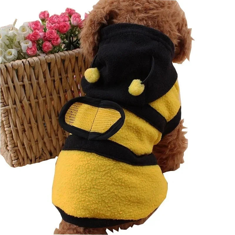 A small dog wearing a bright yellow and black striped bee costume with flowers in the background.