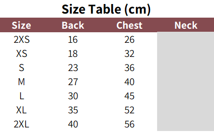 Dog bee sizing chart.