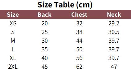 Dog frog costume sizing guide.