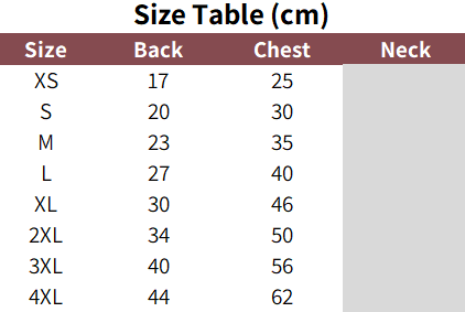 Sizing Guide for dog polo shirts.