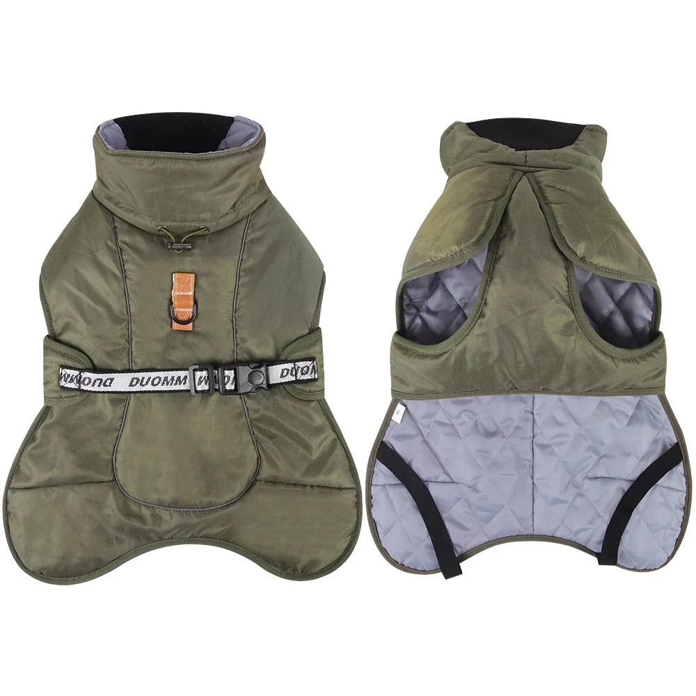 Green windproof dog jacket for pit bulls and cane corsos.