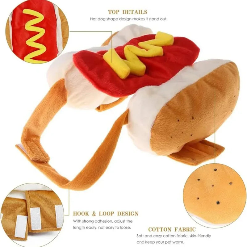 Various details of the Hotdog dog Halloween costume including hook and loop design, and fabric details.