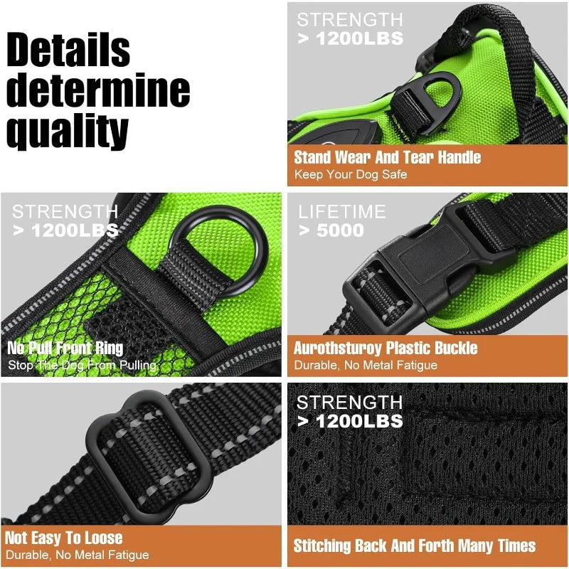 Various specs and details of the LED light dog harness such as material, strength, and clips.