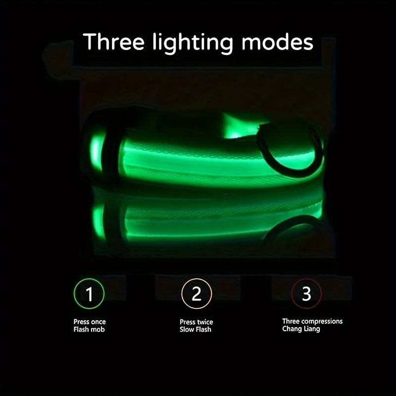 Green LED light dog collar with instructions how to change light patterns.