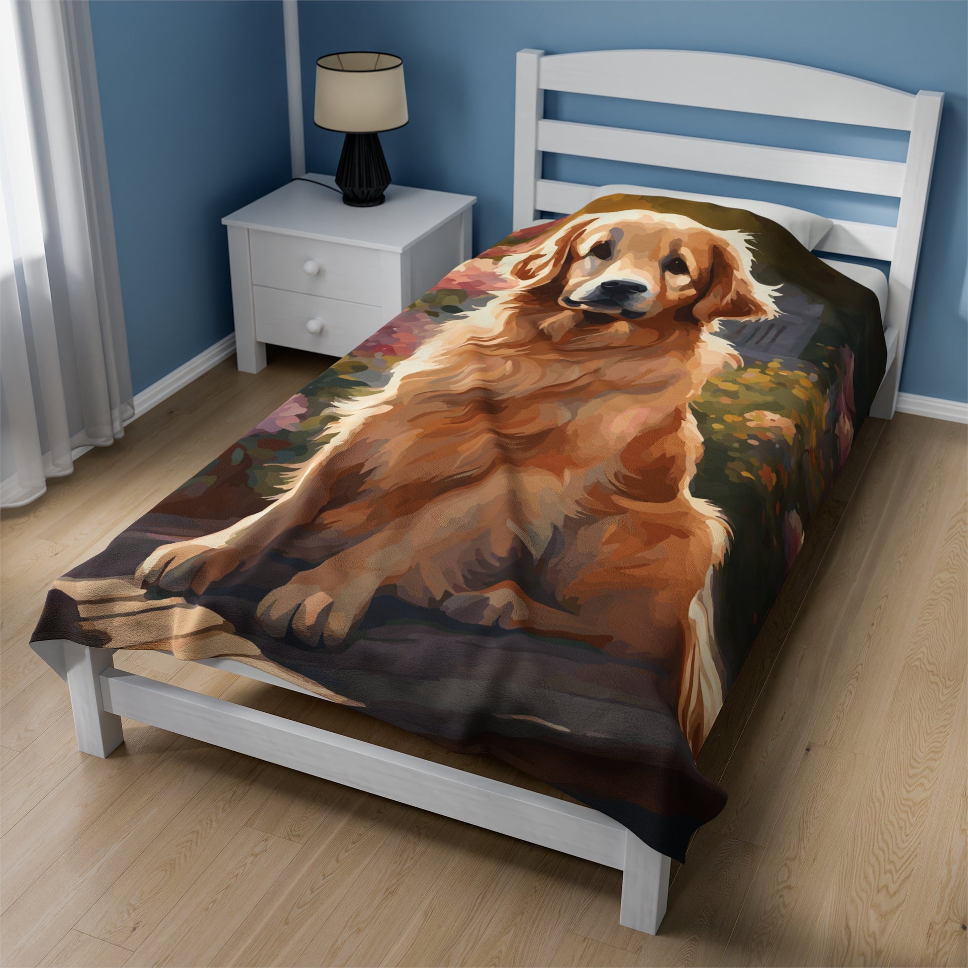 Large dog blanket of a golden retriever sitting outside in a garden on a bed.