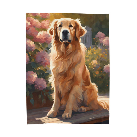 Large dog blanket of a golden retriever sitting outside in a garden.