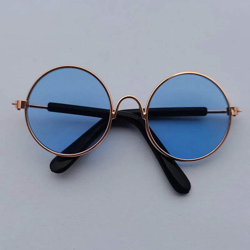 Blue dog sunglasses with bronze frame.