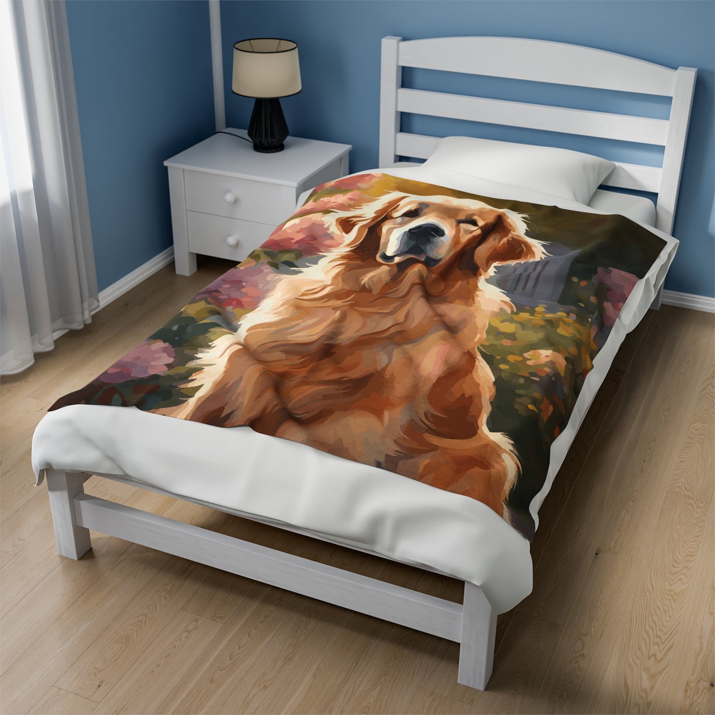 Medium dog blanket of a golden retriever sitting outside in a garden on a bed.