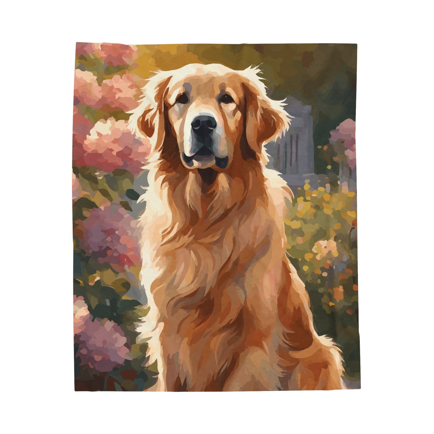 Medium dog blanket of a golden retriever sitting outside in a garden.