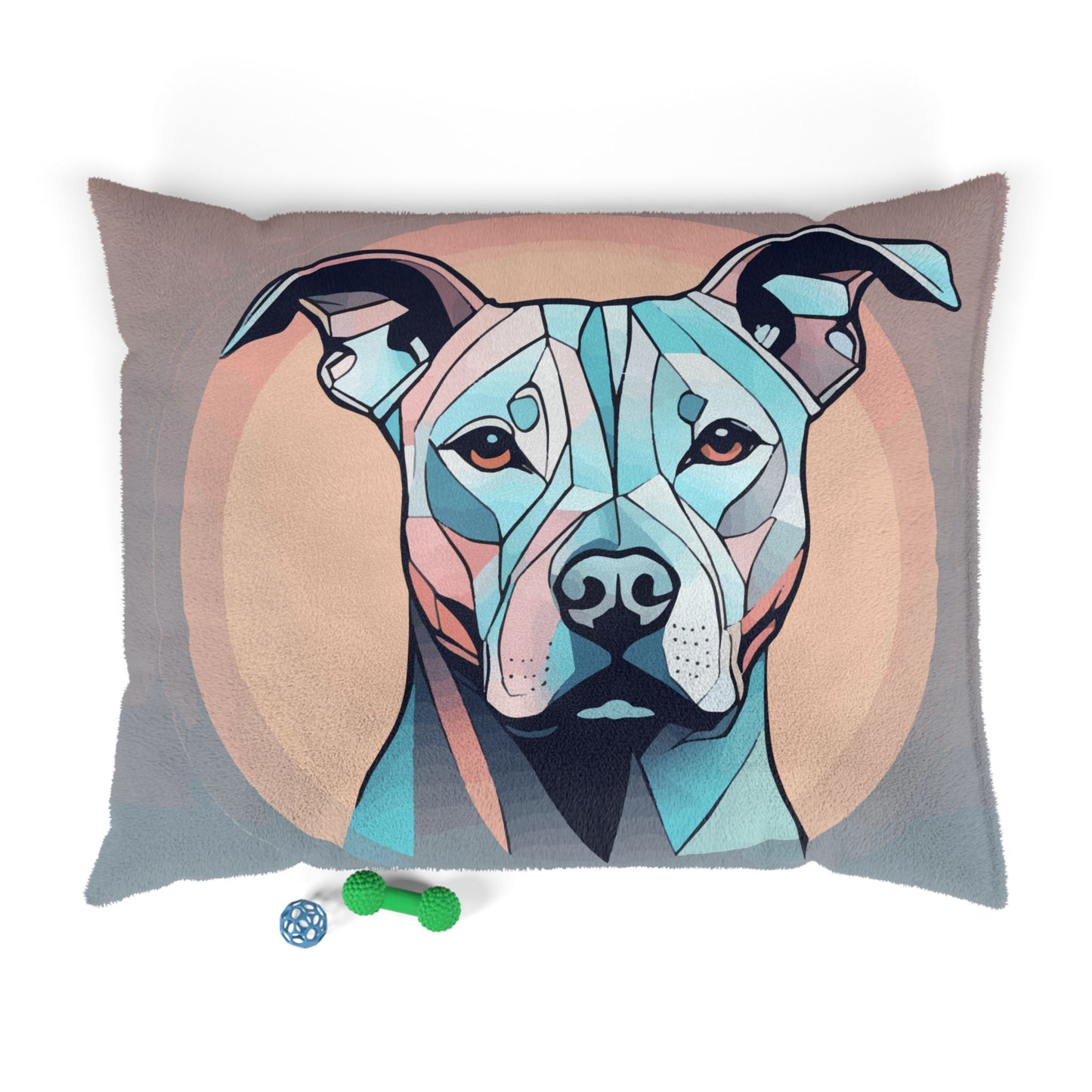 Dog bed featuring a modern colorful silhouette of a pitbull. 