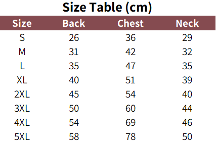 Sizing chart for the padded waterproof dog vest.