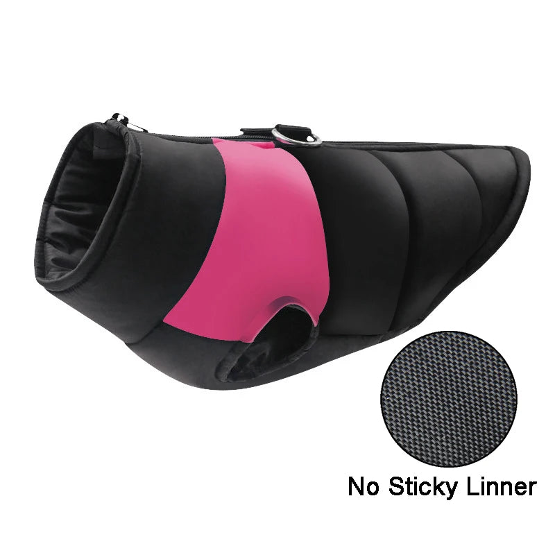 Pink and black padded waterproof dog vest with leash hooks.