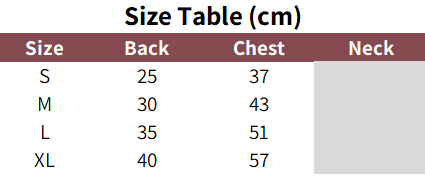 Sizing table for the puffy dog vest.