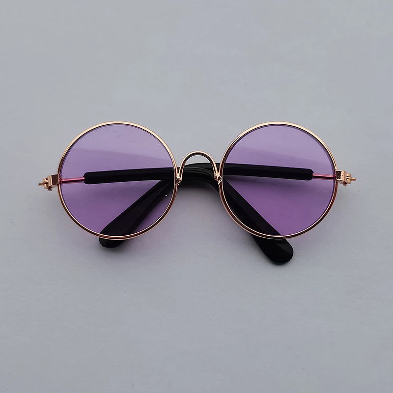 Purple dog sunglasses with bronze frame.