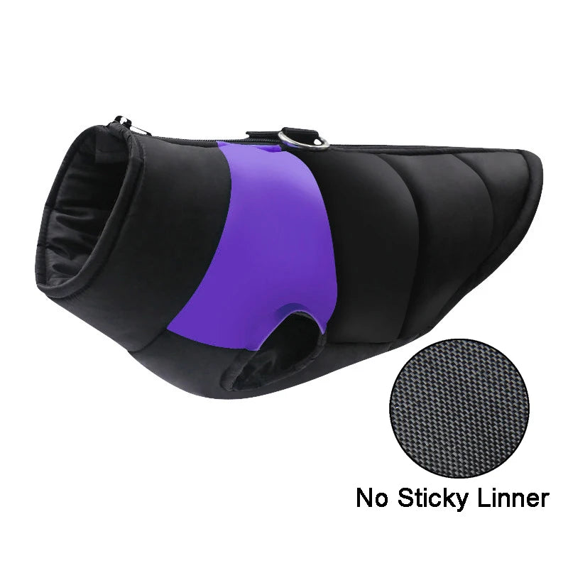 Purple and black padded waterproof dog vest with leash hooks.