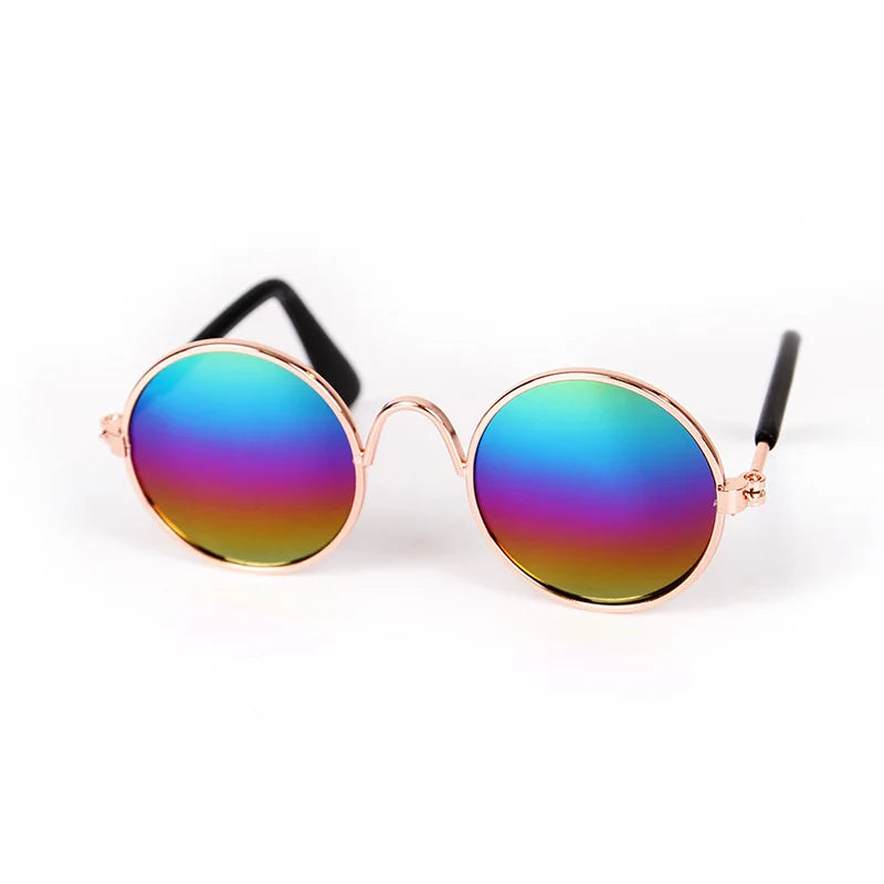 Rainbow reflective dog sunglasses with bronze frame.