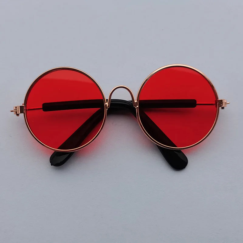 Red dog sunglasses with bronze frame.