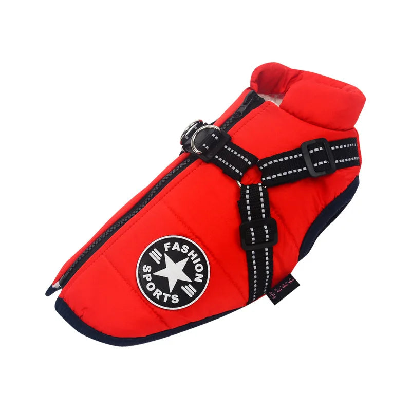 Red waterproof dog jacket with harness.