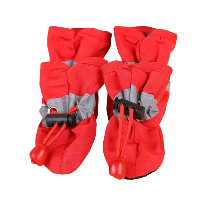 Red waterproof dog shoes with tightening mechanism.