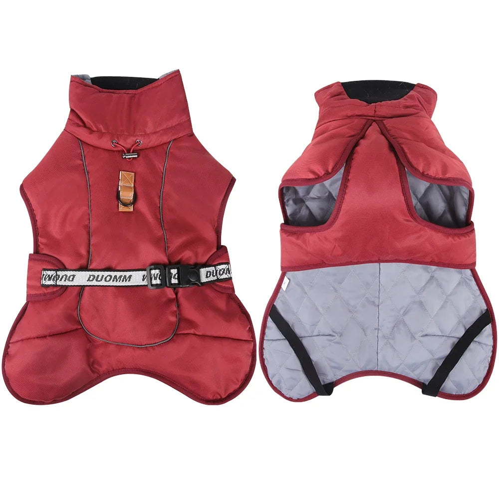 Red windproof dog jacket for pit bulls and cane corsos.