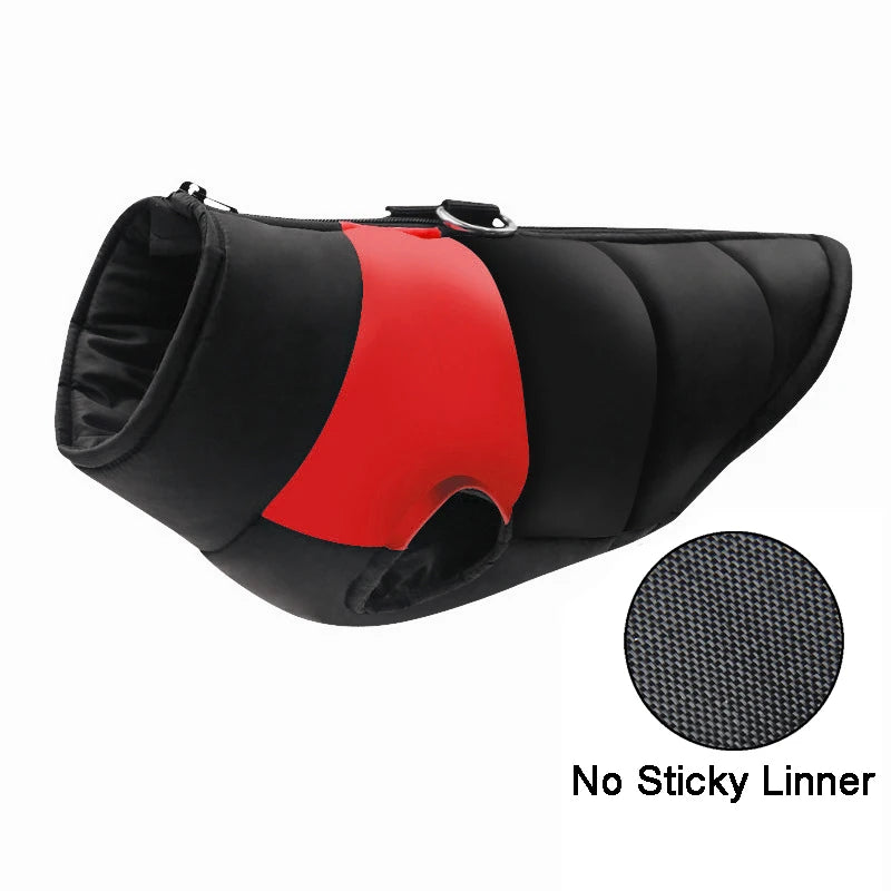 Red and black padded waterproof dog vest with leash hooks.