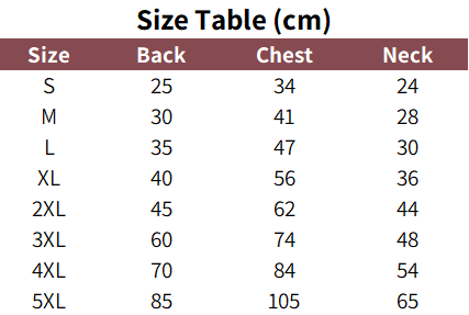 Sizing chart for reflective waterproof rain jackets for dogs.