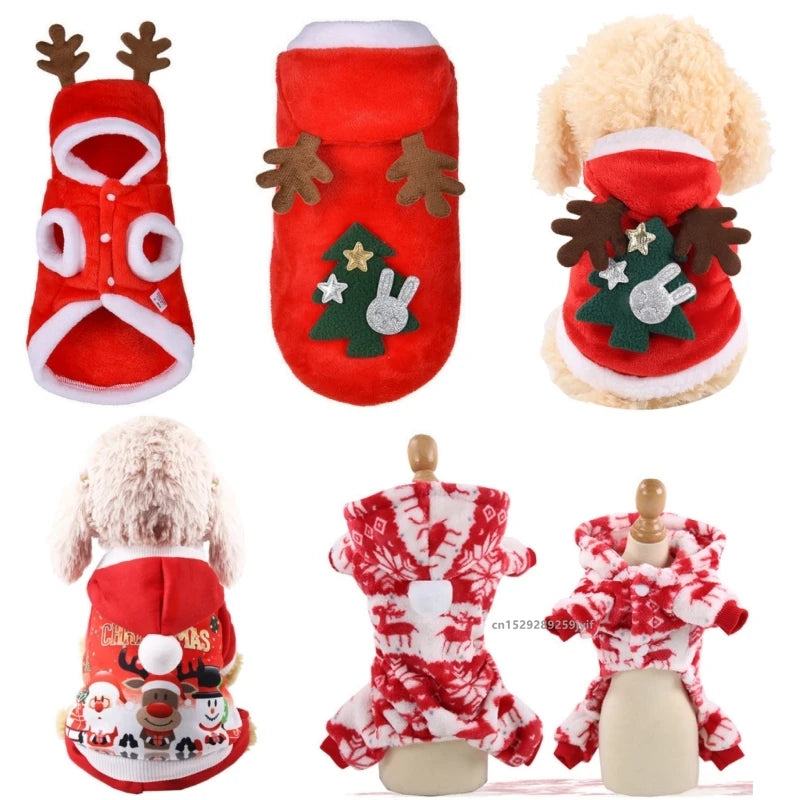 Various dog reindeer Christmas hoodies which include reindeer antlers, Christmas trees, and Santa Claus.
