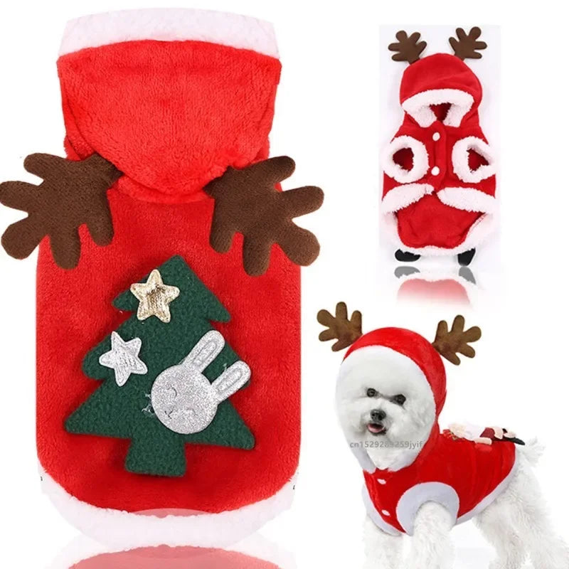 Red Christmas dog outfit with reindeer horns on hoodie and Christmas tree on the back. Lower right image shows a dog in the outfit. Upper right image shows the bottom of the outfit.