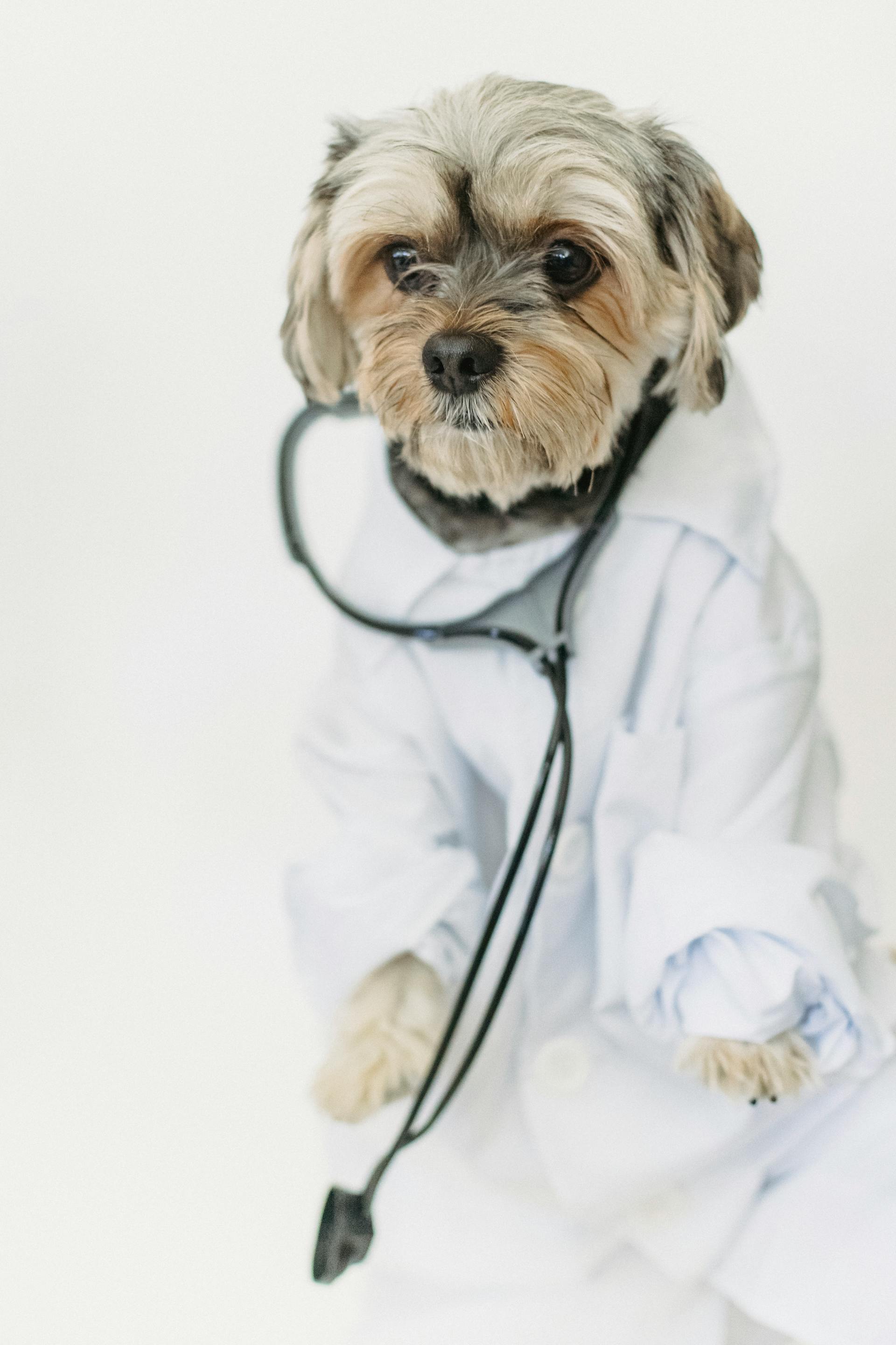 Small brown and white dog wearing a doctor costume and stethoscope.