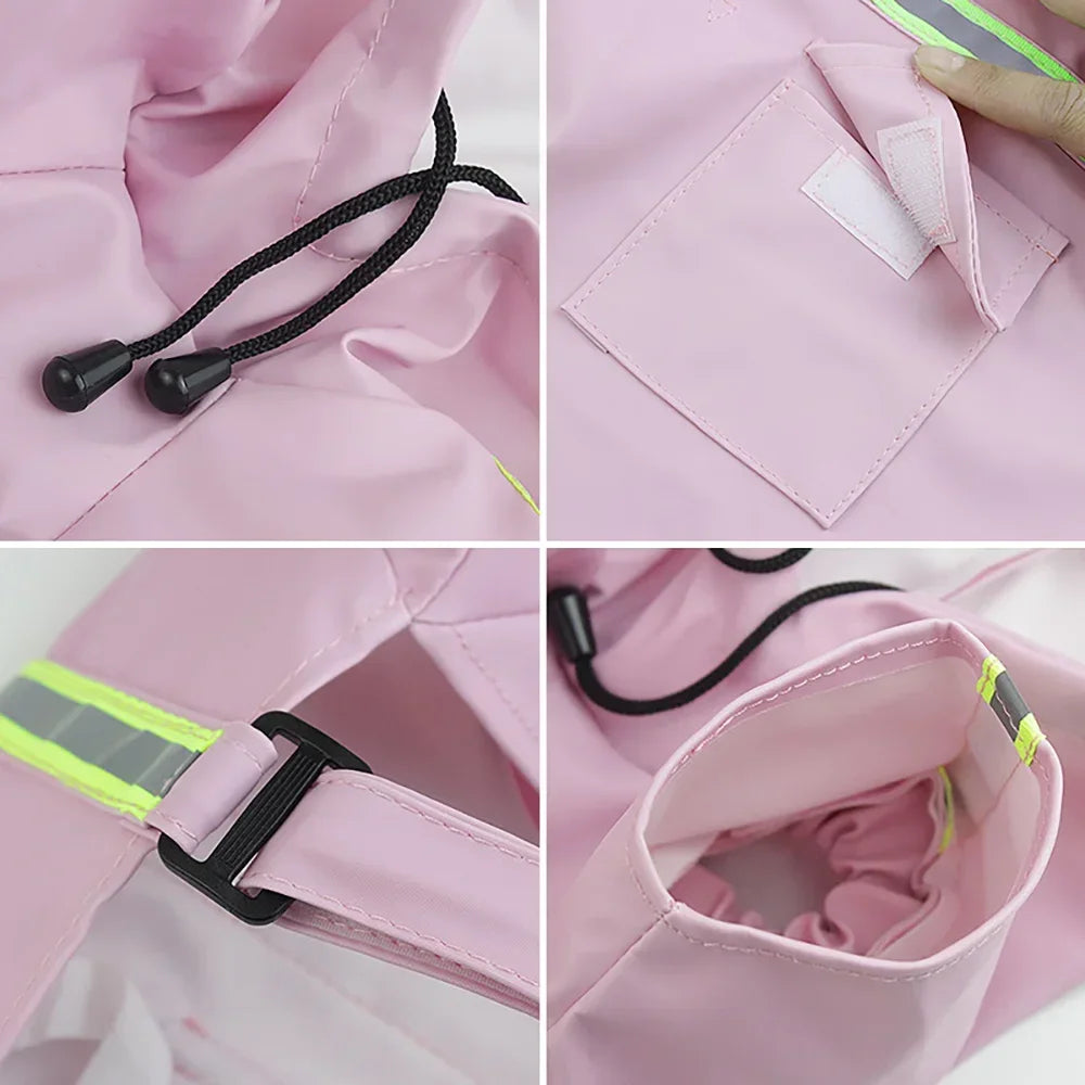 Four pictures  of various attributes of the waterproof pink rain jacket for dogs. Images include tassels and Velcro pockets.