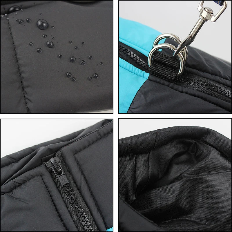 Various images of the waterproof dog vest demonstrating the waterproof technology, leash harness, zipper, and interior.