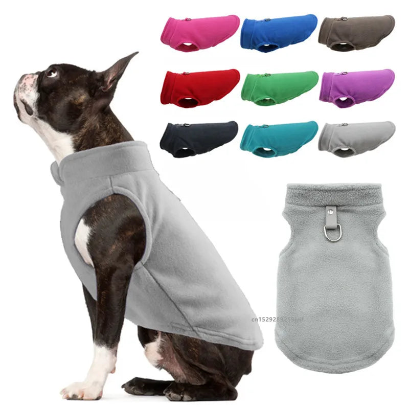 French bulldog in a gray dog fleece vest. Various other colors such as pink, blue, red, and purple vests in the upper right corner.