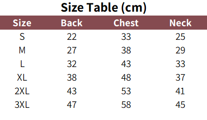 Sizing chart for waterproof dog jacket with sleeves.